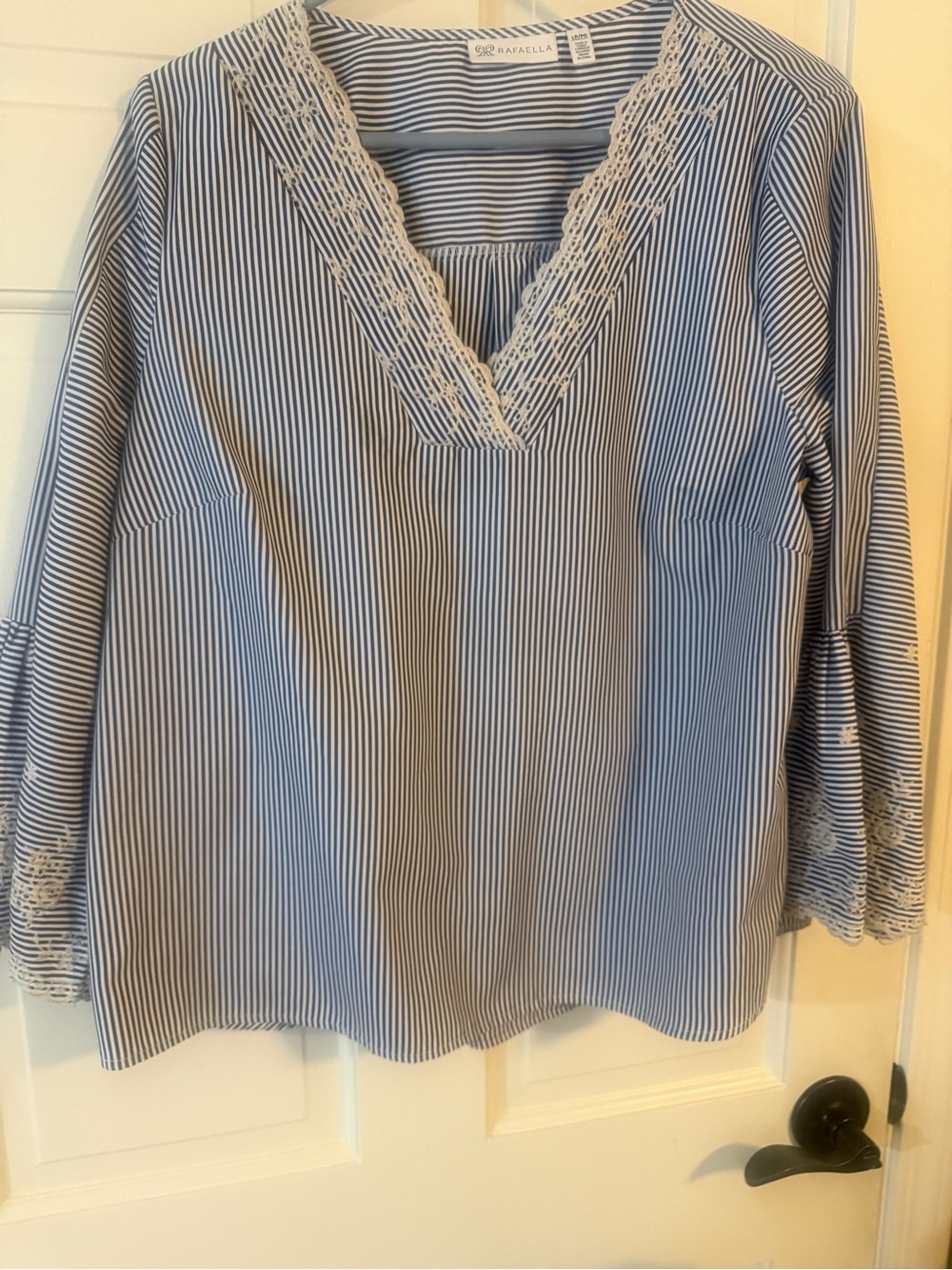 Rafaella Navy & White Pinstripe V-Neck Blouse with Lace Trim